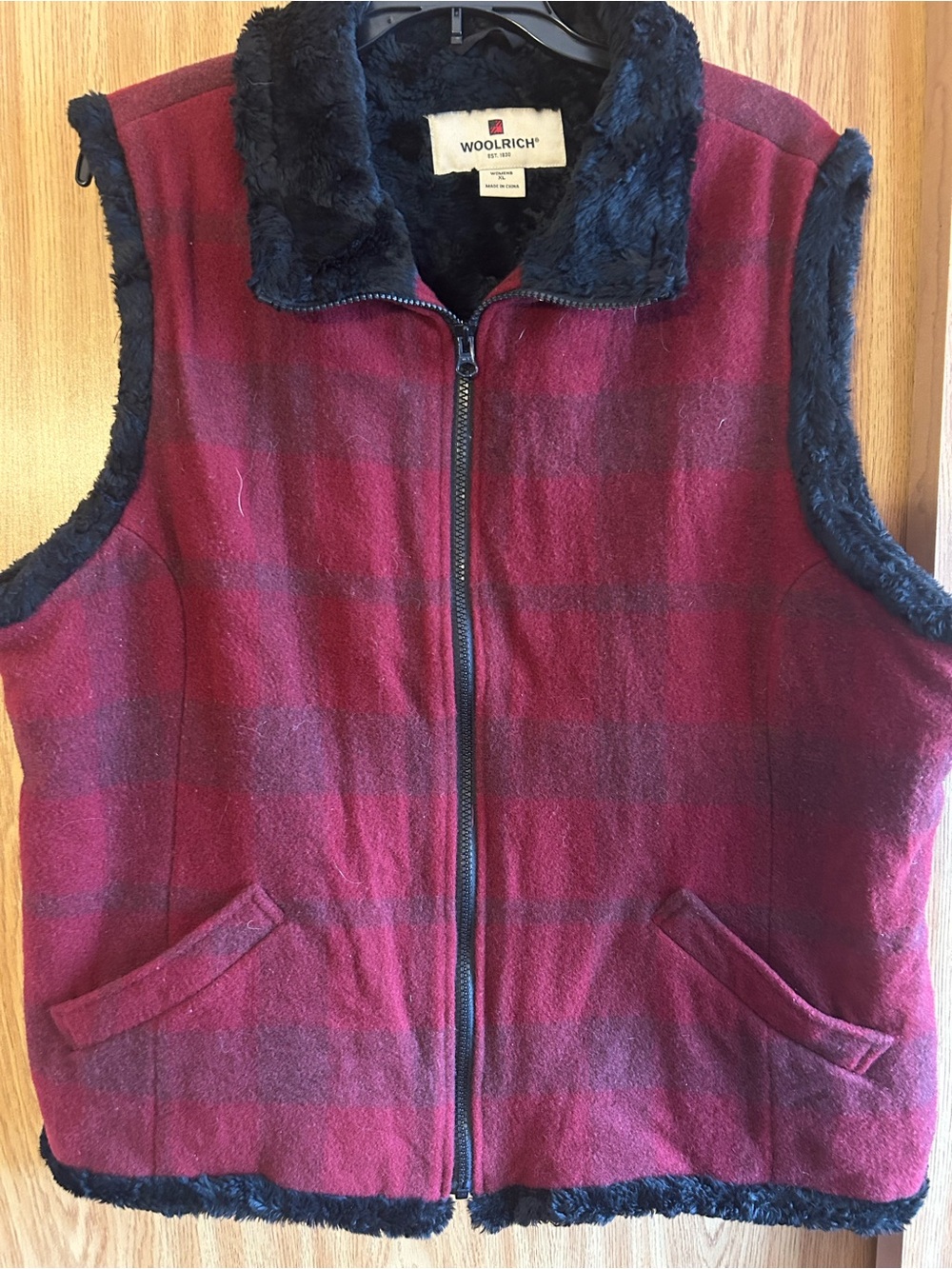 Woolrich Women's Burgundy Plaid Faux Fur-Lined Vest